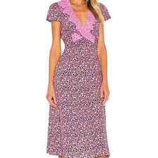 LoveShackFancy Minuet Midi Dress Sz 6 Cherry Wine Pink Floral Lace Trim Cottage