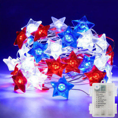 1 Pack 4Th of July String Lights, 16FT 50LED Red White and Blue Patriotic Star L