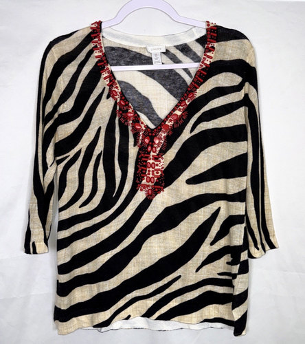 Blusa Chico’s Zebra Top Pequeño Animal Rojo Adornada Túnica Boho Distintiva Lino - Imagen 2 de 7