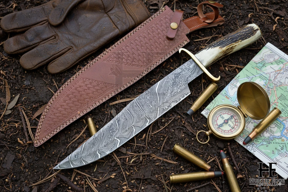 HUNTEX Handmade Damascus Blade Deer Antler Hilt 455mm Exotic Classic Bowie Knife - image 3 of 4
