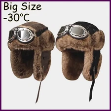 Big Size PU Bomber Hat Men with Glasses Pilot Aviator Trapper Hat Faux Fur