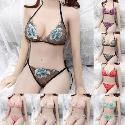 Eleganter weißer Spitzen Push Up BH mit passendem G String Tanga Dessous Set
