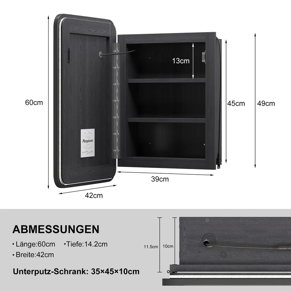 Badezimmer Spiegelschrank mit Beleuchtung, 42x60cm, Badschrank Hängend mit Licht - Bild 2 von 4