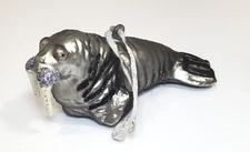 Hand Blown Glass Walrus Ornament Gray Glitter Silver Ribbon