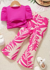 Girls 2 Pc Set Ribbed Cross Cutout Short Sleeve Top w/Leaf Print Flare Pants NEW
