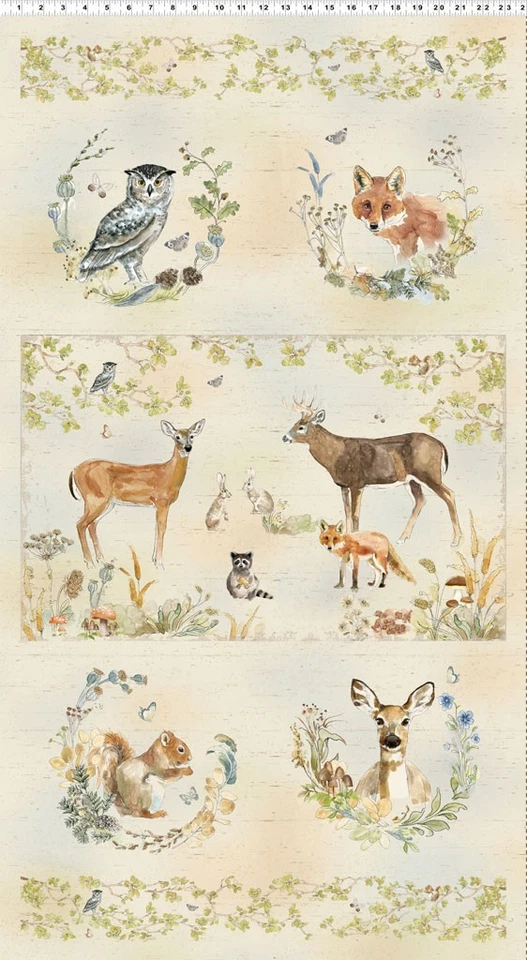 CLOTHWORKS 24" X 44" Panel Wildwood Woodland Animals Creatures Cream Cotton Fabric D786.28