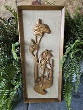 Vintage Mid Century Teak and Burlap Wall Hanging Farmer   Fisherman Art
