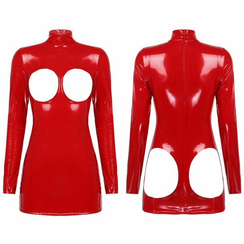 Women's Latex Leather Mini Dress Cutout Slim Fit Bodycon Dress Party Clubwear - Picture 18 of 59