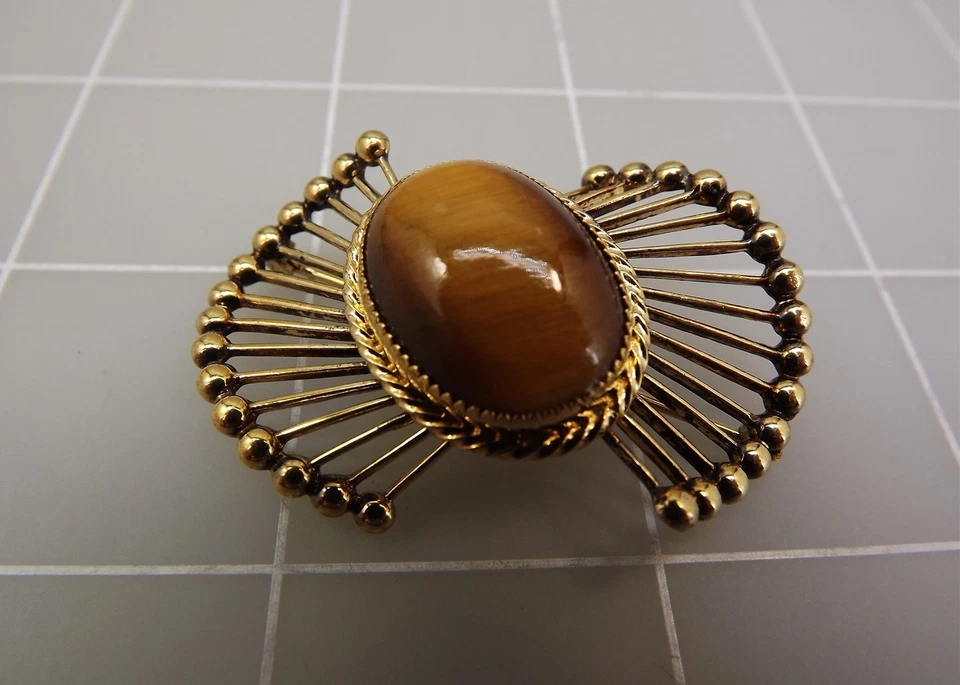Vintage Sterling Silver WELLS Gold Tone Brooch Pin With Large CAT'S EYE 11.0Gr 