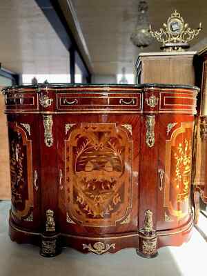 Deluxe Antique Style Cupboard Wood Brown &Black Marble Top for Home Design Décor