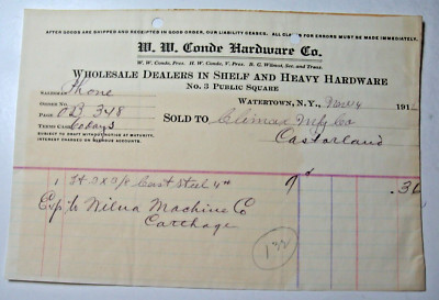 Nov. 4, 1912 Conde Hdwe, Watertown Invoice Sent to Company in Castorland, N.Y.
