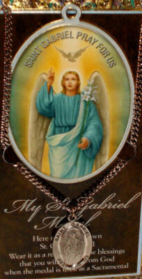  Saint Gabriel Archangel Pewter Oval Medal 24'' S/S Chain/Prayer Card 