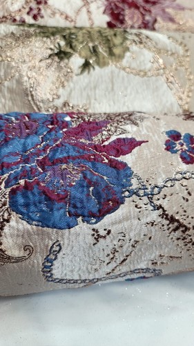 Teal Burgundy Floral Brocade Fabric Sold By The Yard BEIGE Jacquard Textured - 第 1/9 張圖片