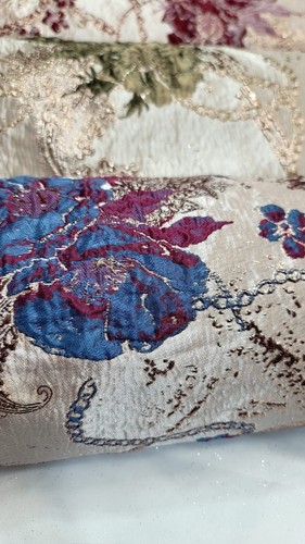 Teal Burgundy Floral Brocade Fabric Sold By The Yard BEIGE Jacquard Textured  - Picture 1 of 9