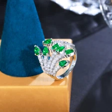 Adjustable Green CZ Leaf Engagement Ring Cubic Zirconia Fashion Brand Jewellery