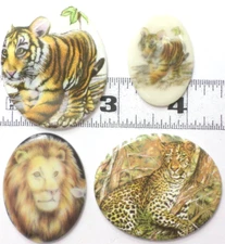 4 Vintage Porcelain Multi-Colored Lion Tiger &Leopard Cats Oval Cameos Cabochons