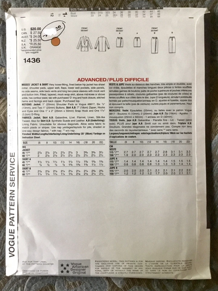 Vogue Designer Anne Klein I1 1436 Pattern - Career Jacket Skirt Sz 12-14-16 UC - Image 2 of 3