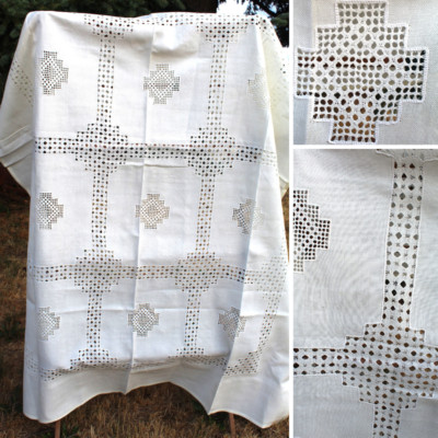 Drawn Thread Fine Linen Cotton Tablecloth 62 X 88 Vanilla Ecru Heritage Quality