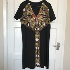 ZARA Black Aztec Dress Size S Short Sleeve Knee Length Orange Geometric V Neck