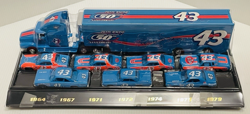 PETTY RACING 50th ANNIVERSARY SET TRANSPORTER PLUS 7 CARS -- Antique