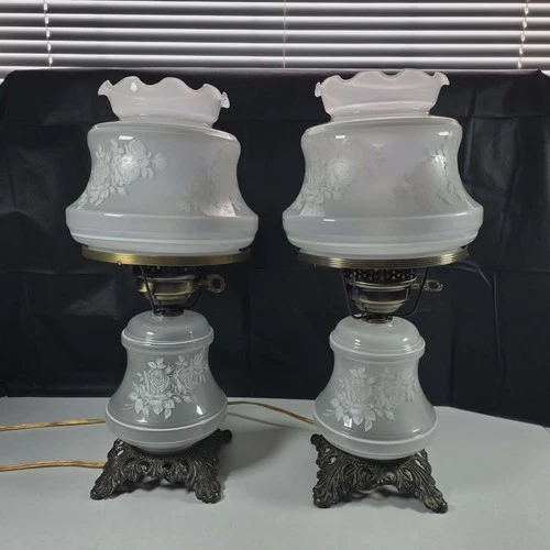 VINTAGE HURRICANE LAMPS FROSTED FLORAL GLASS BRASS BASE 3 WAY ELECTRIC 17" X 8"