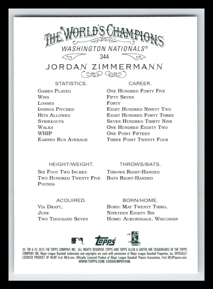 2015 Topps Allen & Ginter #344 Jordan Zimmermann Washington Nationals - Image 2 of 2