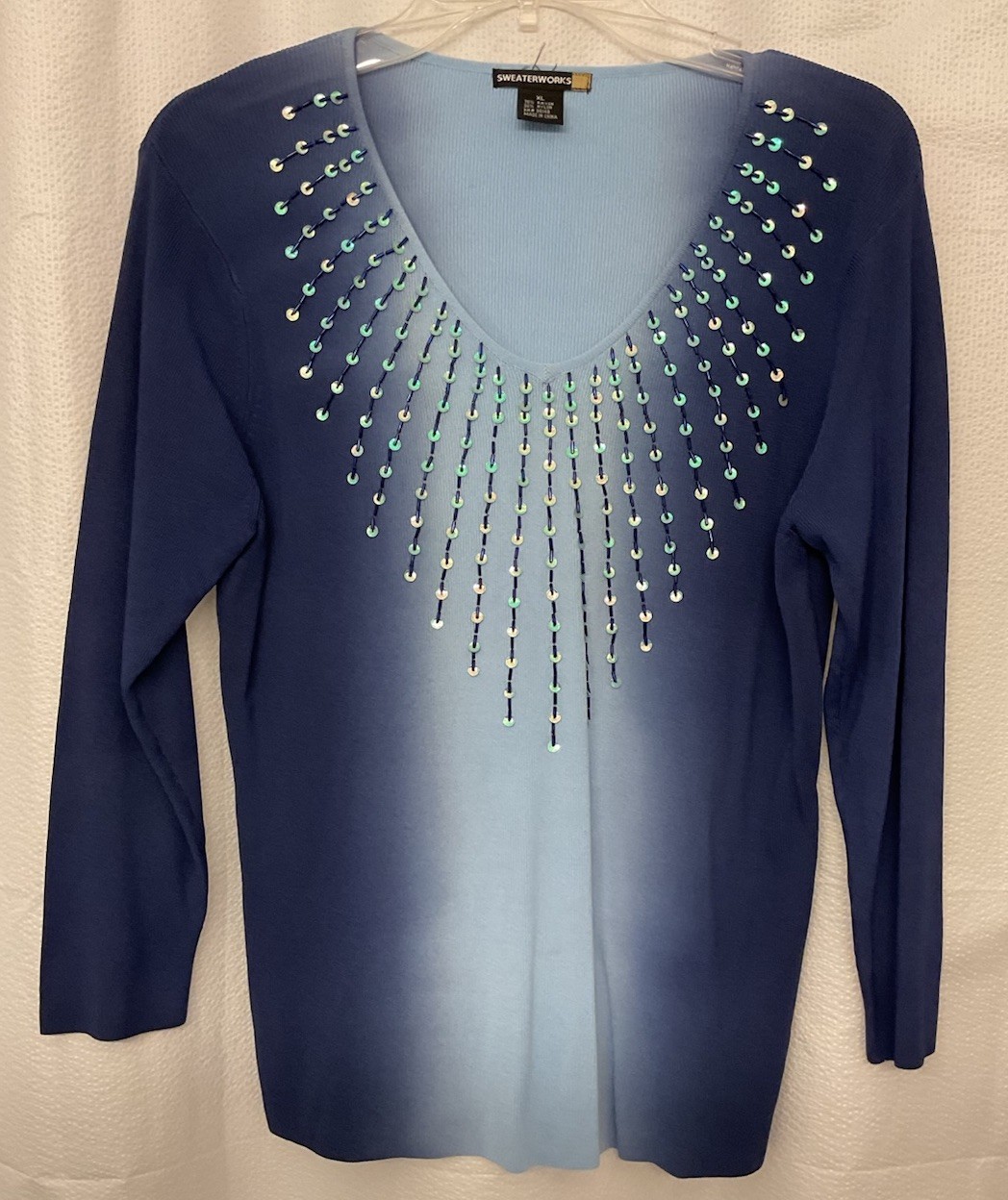 Blue Ombré Sequin Sweater Top with 3/4 Sleeves in XL-image