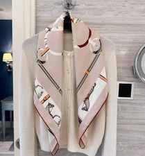 Pure 18 Momme Silk Wrap Scarf Bandanna Pink hemp rope Print Square Shawl 86X86cm