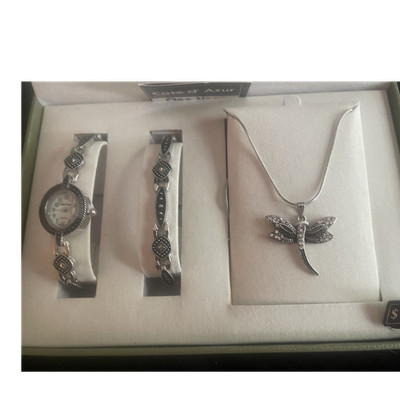 Cote d'Azur Dragonfly Jewelry Set with Silver Watch, Bracelet, and Necklace