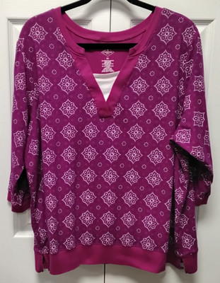 ST JOHN'S BAY WOMAN'S Two-For-One 3/4 Sleeve Medallion Print Tunic-Magenta/3X