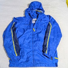 Columbia Boys Hooded Rain Jacket Youth 14/16 Blue FullZip Packable Tuckable Hood
