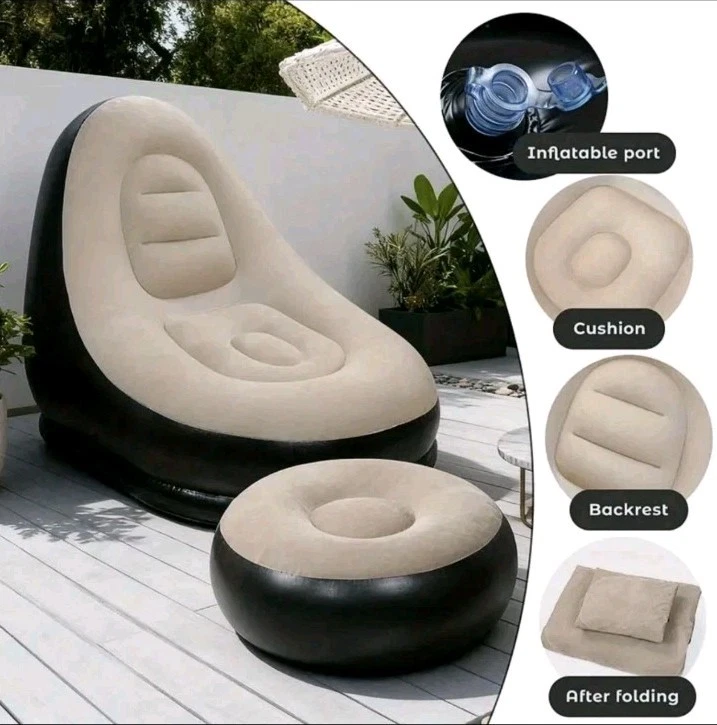 Inflatable Recliner Sofa & Footrest, Foldable Lounge Chair Indoor/Outdoor Coffee