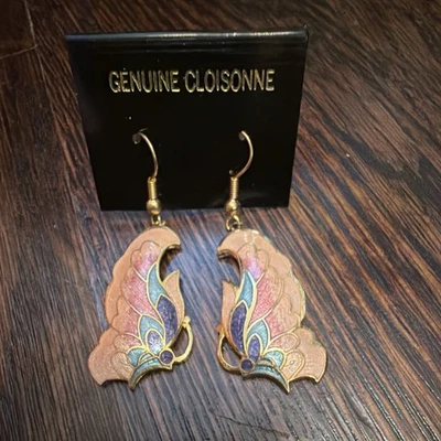 Cloisonné Butterfly Dangle/Drop Hook Earrings, Multicolor Enamel & Metal - Image 1 of 2