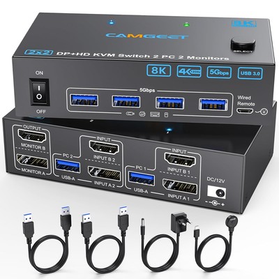 KVM Switch 2 PCs 2 Monitore 4K@144Hz DisplayPort HDMI USB 3.0 Controller Adapter