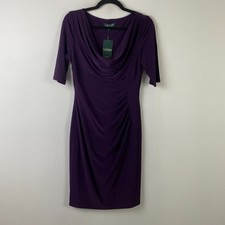 Lauren Ralph Lauren Purple Cowl Neck Sheath Dress Size 8 Half Sleeve Stretch
