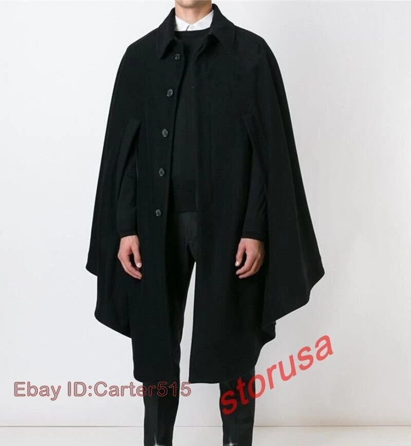 Men s Black Wool Blend Cape Coat Asymmetric Hem Loose Fit Cloak Jacket Poncho