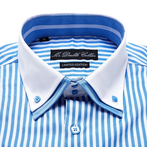 MENS BLUE ITALIAN PINSTRIPE SHIRT SMART CASUAL FORMAL DOUBLE COLLAR LONGSLEEVE - Picture 15 of 15