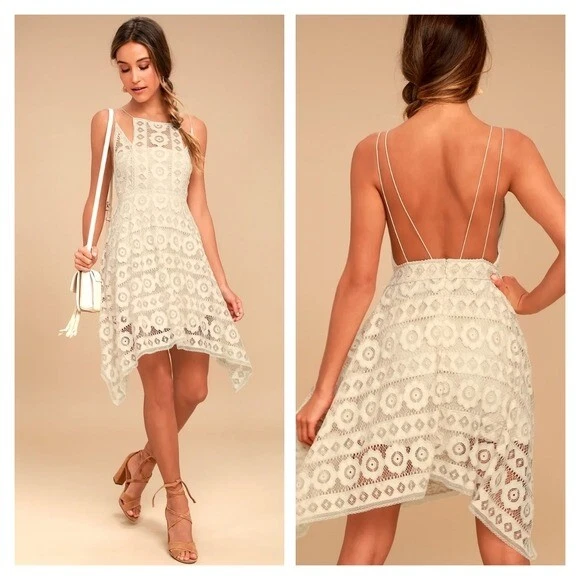 Free People Just Like Honey Size 6 Lace Dress Hanky Hem Beige Romantic High  Neck | eBay