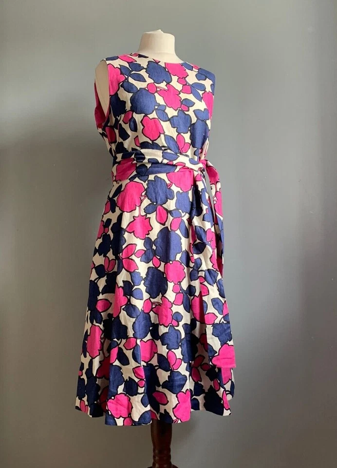 HOBBS TWITCHELL LINEN DRESS 14 FIT FLARE tie wrap belt midi pink blue