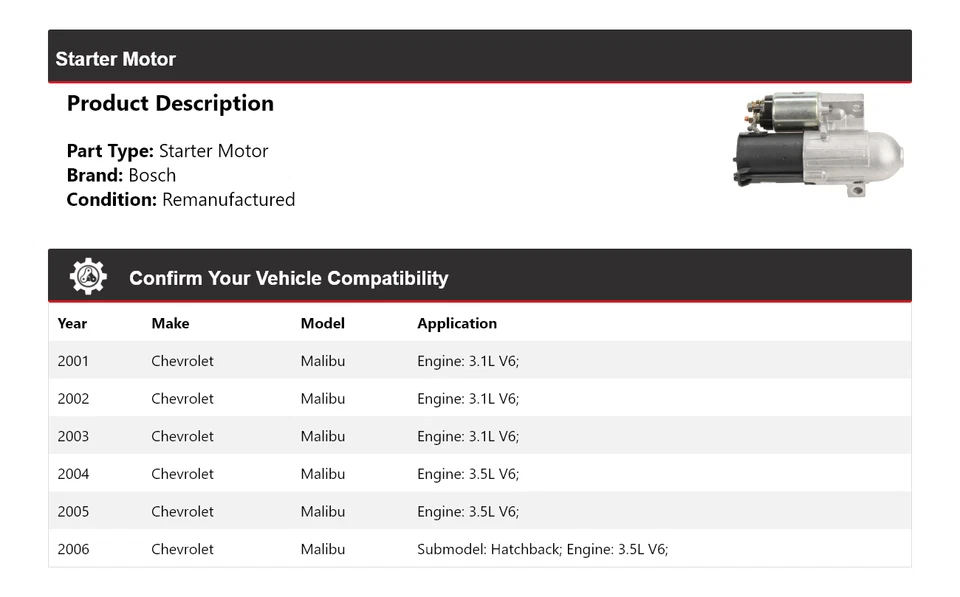 Arranque para Chevrolet Malibu Bosch 2001-2006 (remanufacturado) 2002 2003 2004 Foto 2 de 4