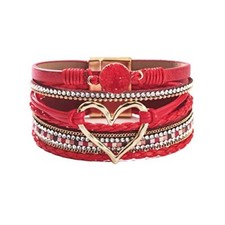 Heart Leather Wrap Bracelets for Women Handmade Braided Boho Multi-Layer red