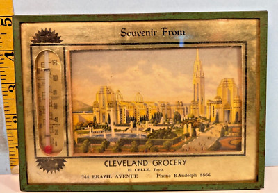 1939 New York City Worlds Fair Cleveland Grocery Souvenir Thermometer Frame