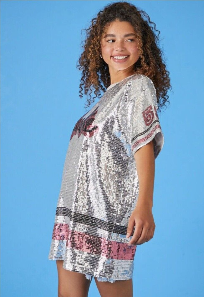 FOREVER 21 X BARBIE Silver Sequin Jersey T Shirt Dress Medium NWT