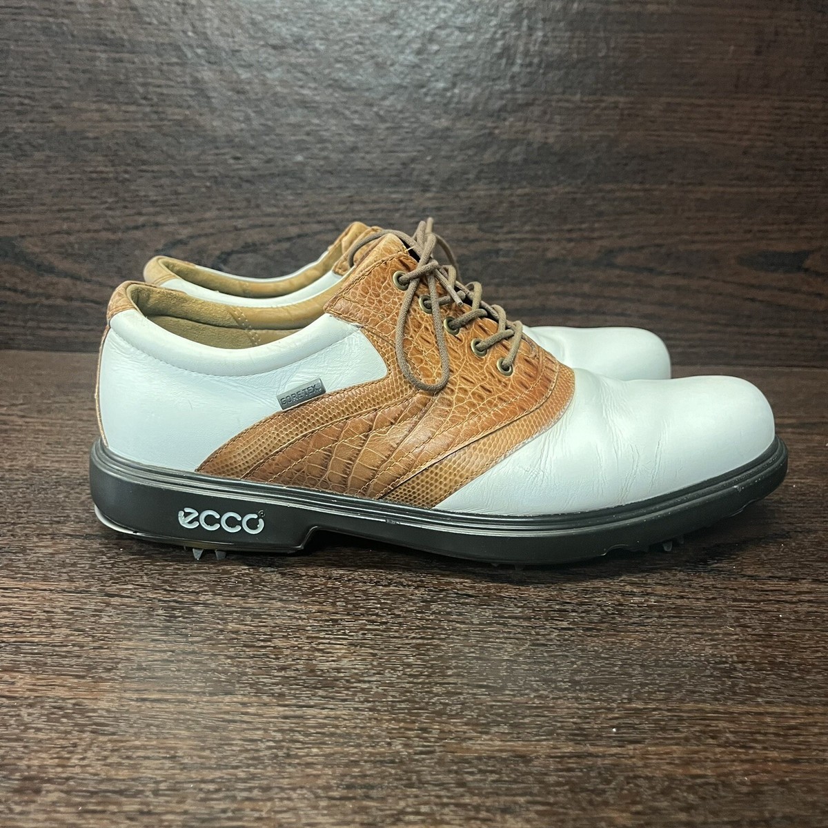 Ecco Mens Golf Shoes White Brown Goretex Waterproof Spike  display picture 3