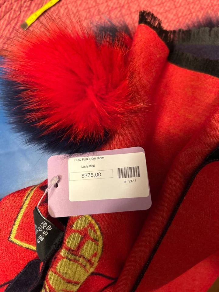 Dama Pájaro Piel de Zorro Pom-Pom Ribete Reversible Envolvente Chal Bufanda Rojo Azul Marino Cachemira Nuevo con Etiquetas Foto 2 de 4