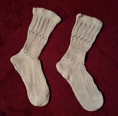 Ancienne Paire Chaussettes en Fil Coton Tricoté pour Bébé Fillette Années 60/70 - Photo 1/4