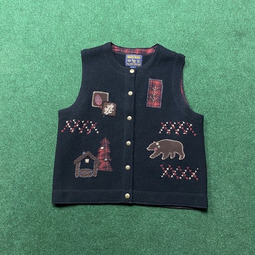 Vintage Woolrich Wool Vest Unisex Medium Black Nature Bear Holiday Sweater - Picture 2 of 7