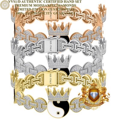 Real VVS1/D Moissanite Yin Yang Royal King Crown Face Good Luck  Link Bracelet