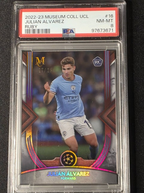 2022-23 Topps Museum Collection UCL Julian Alvarez #16 Ruby /25 RC PSA 8 Rookie
