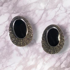 Vintage TJT 925 Sterling Silver Marcasite & Black Onyx Oval Earrings Art Deco 